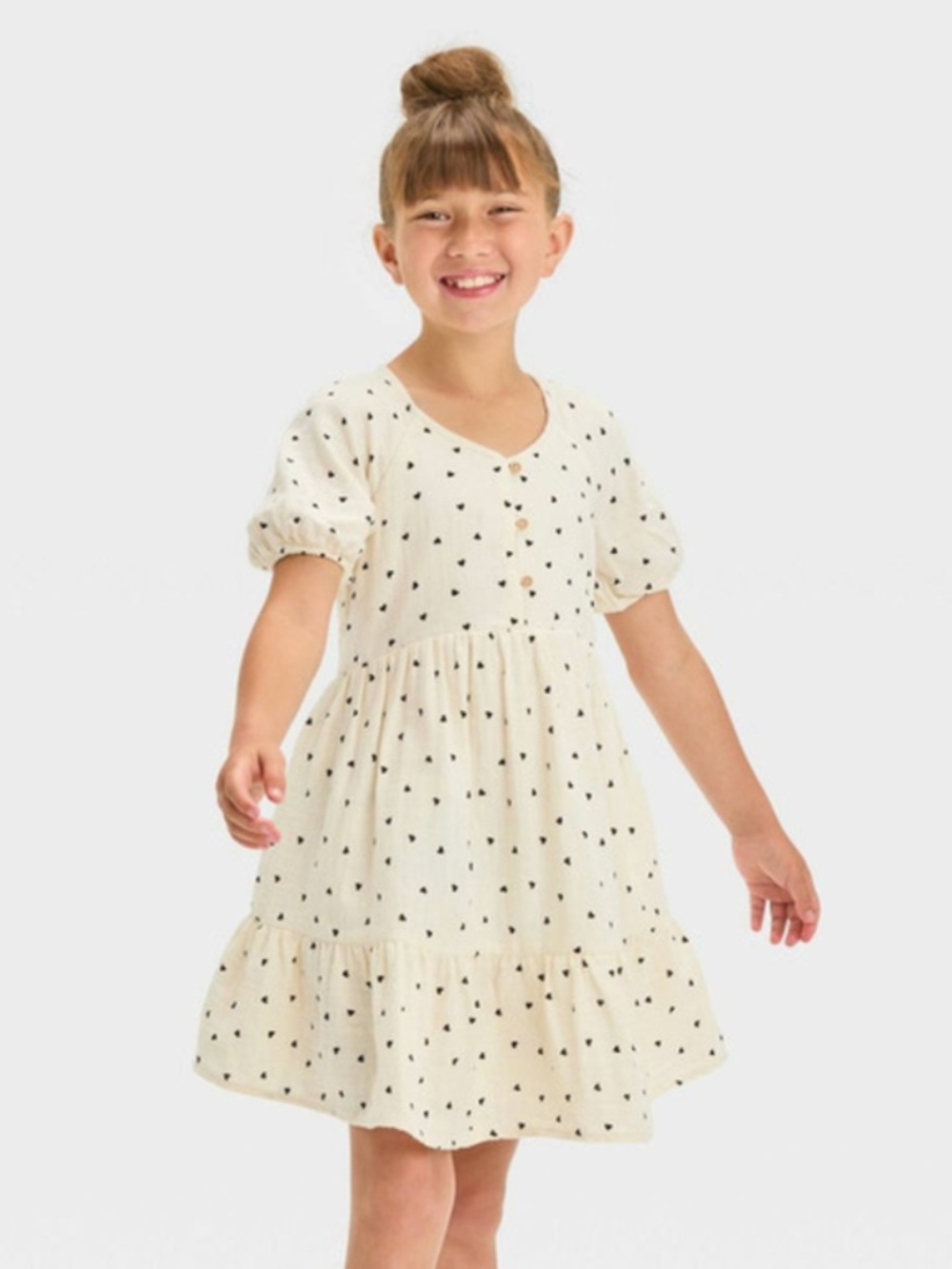 Cat & Jack hort Sleeve Heart Woven Gauze Dress - Cream - Sz XL (14)
